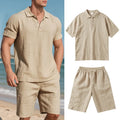 Men's linen blend short-sleeved shirt and matching shorts suit set in multiple colour options