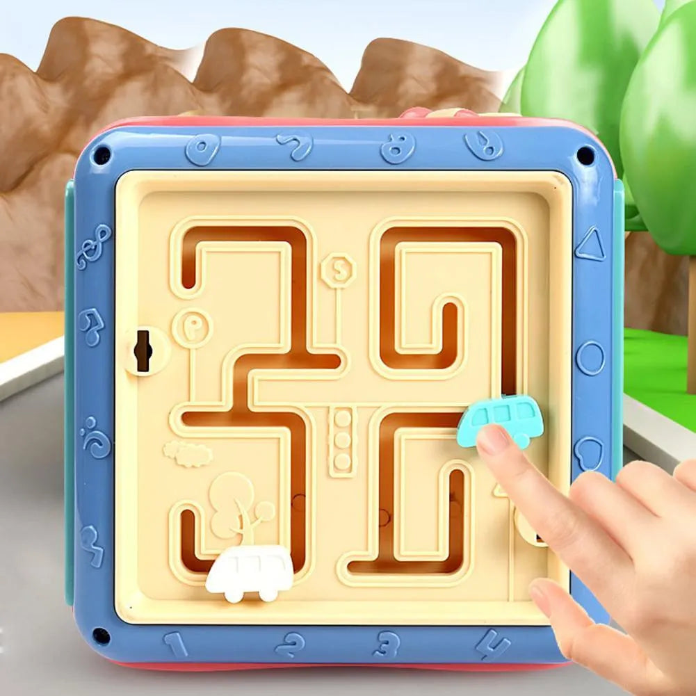 Six-sided educational cube for babies with bead maze, gears, car track, clock, numbers and butterfly activities