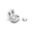 Black and white M18 true wireless Bluetooth earbuds with charging case.
