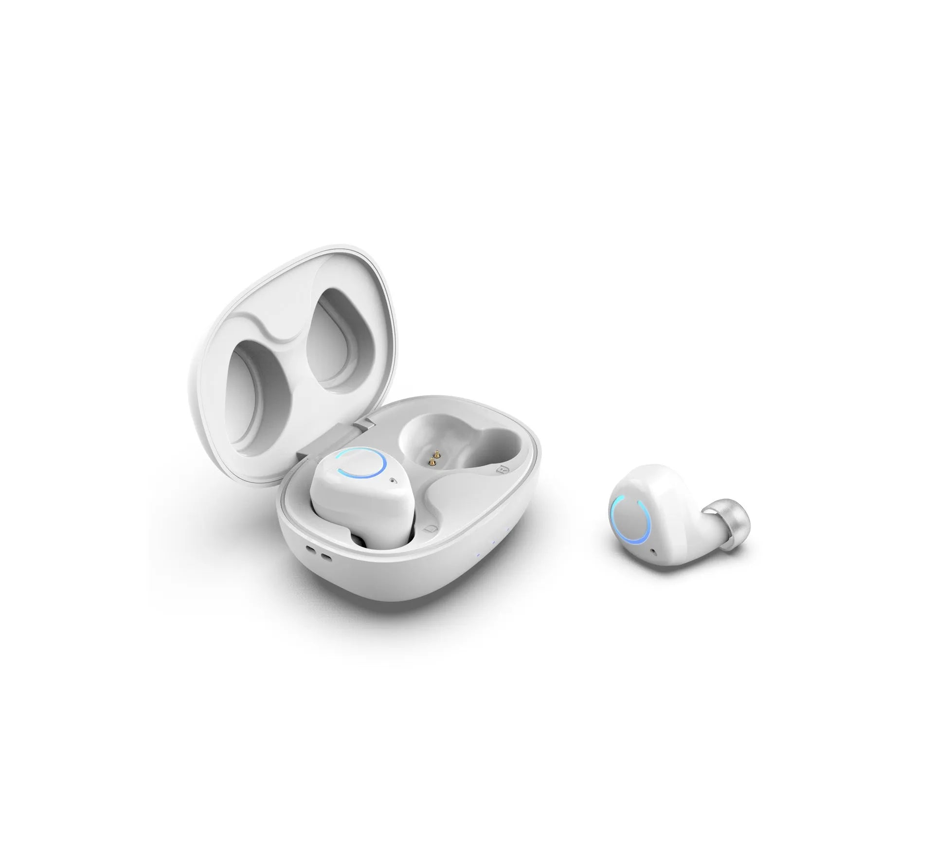 Black and white M18 true wireless Bluetooth earbuds with charging case.