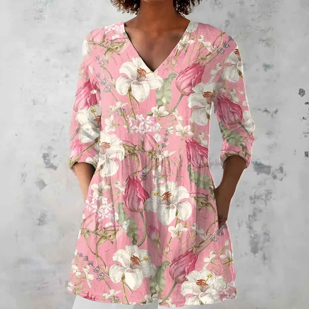Women's retro-style printed long-sleeved top in a slim fit, shown in a colour option, suitable for smart casual wear.