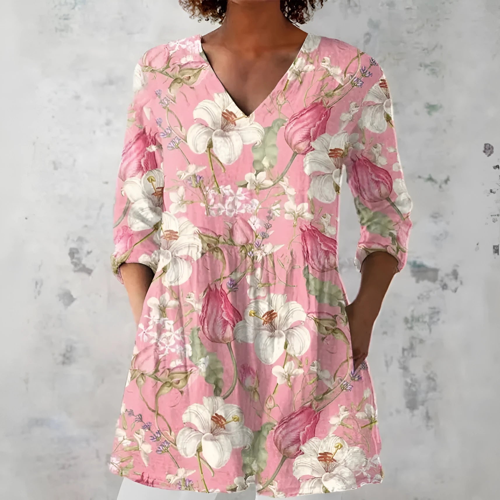 Women's retro-style printed long-sleeved top in a slim fit, shown in a colour option, suitable for smart casual wear.
