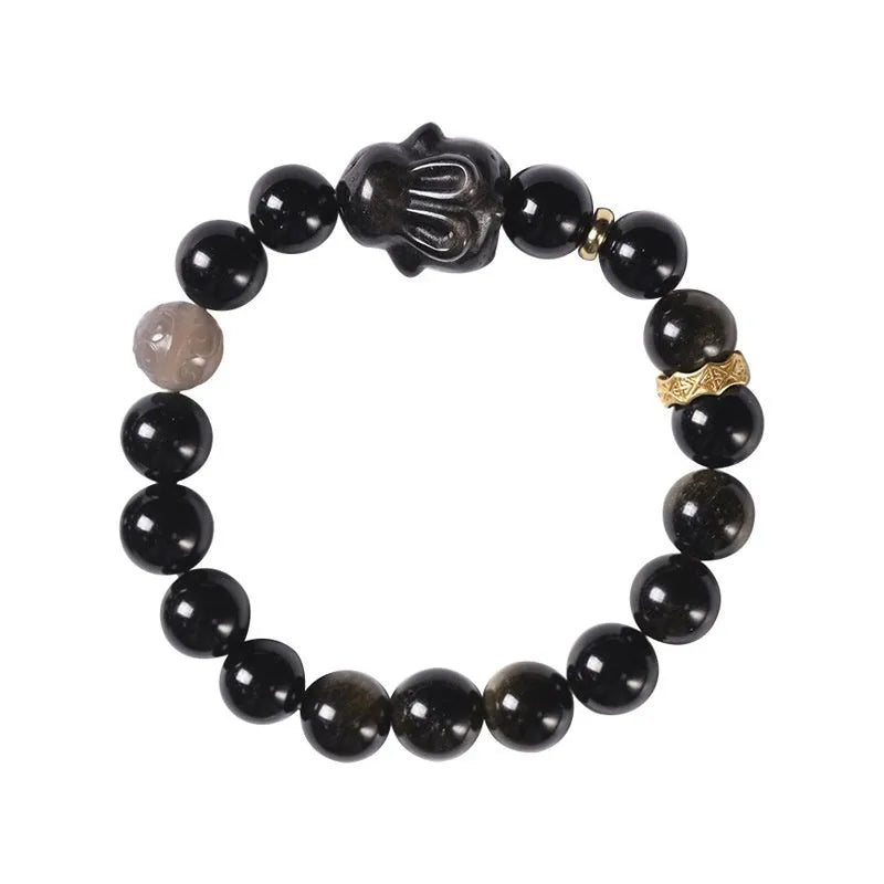 Handmade Chinese national style obsidian bracelet with lying rabbit charm and mixed metal and agate beads.