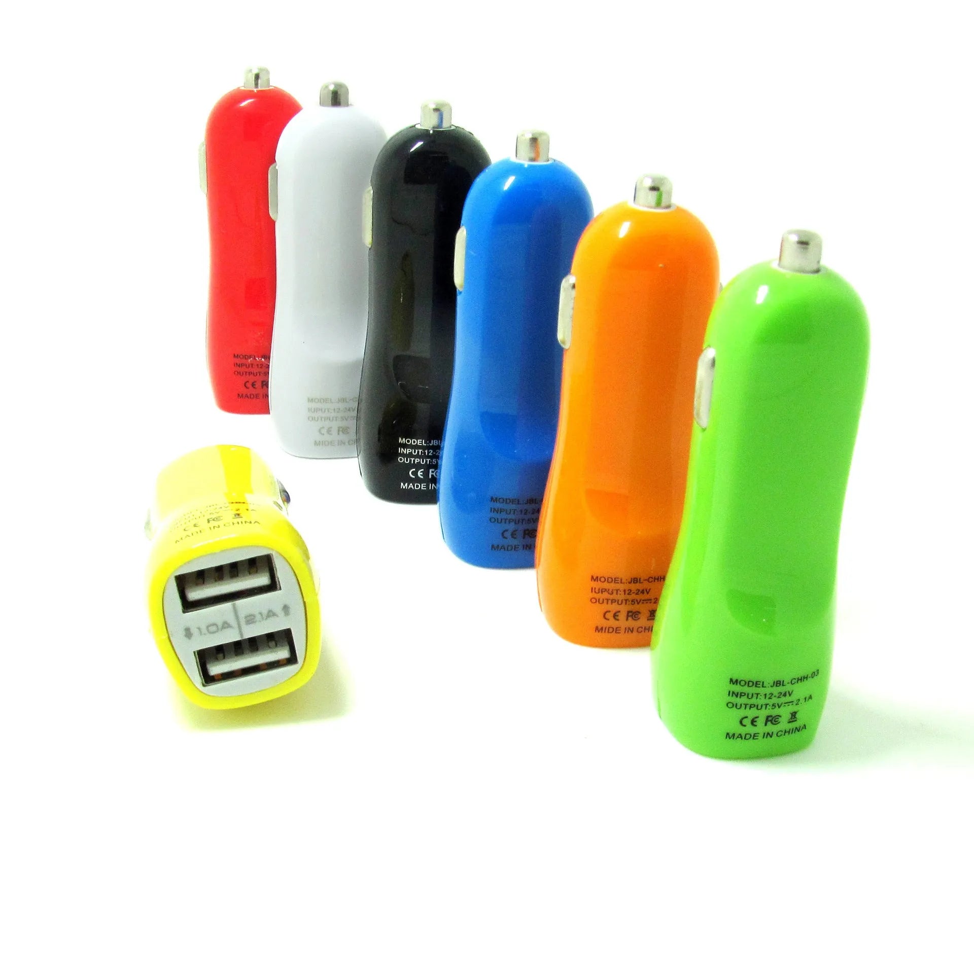 Duckbill car charger with dual USB ports and blue LED indicator light