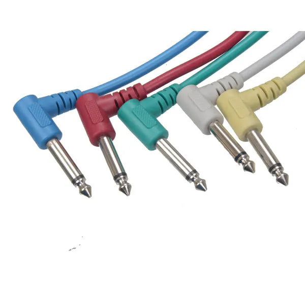 Set of six coloured electric guitar effector cables for effects pedals and audio connections