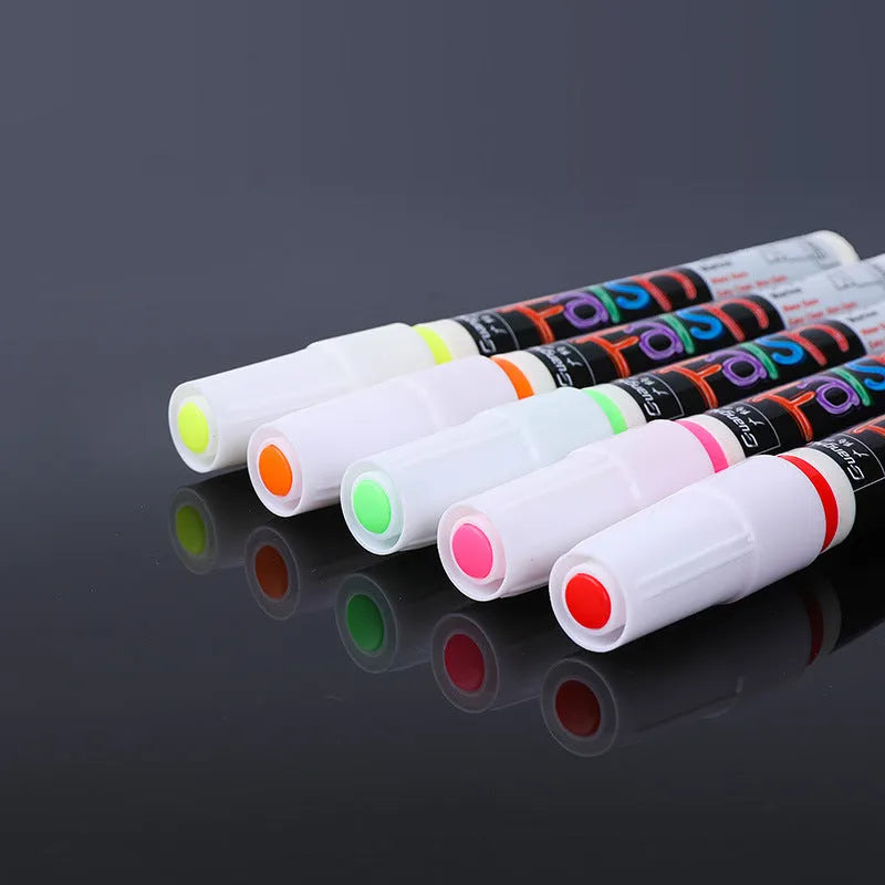 Oblique plastic electronic fluorescent board highlighter pen with a 6mm tip, shown with 8 colour refill options.
