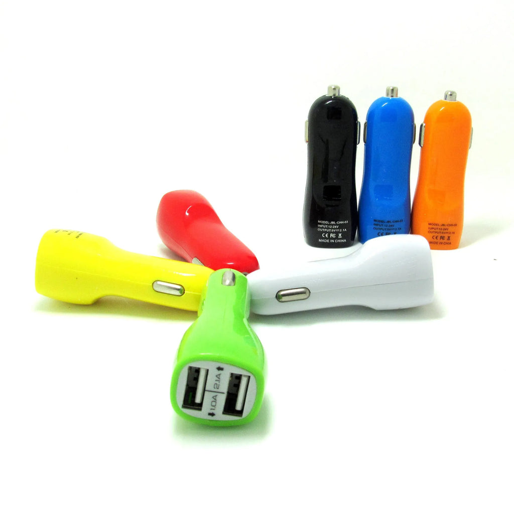 Duckbill car charger with dual USB ports and blue LED indicator light