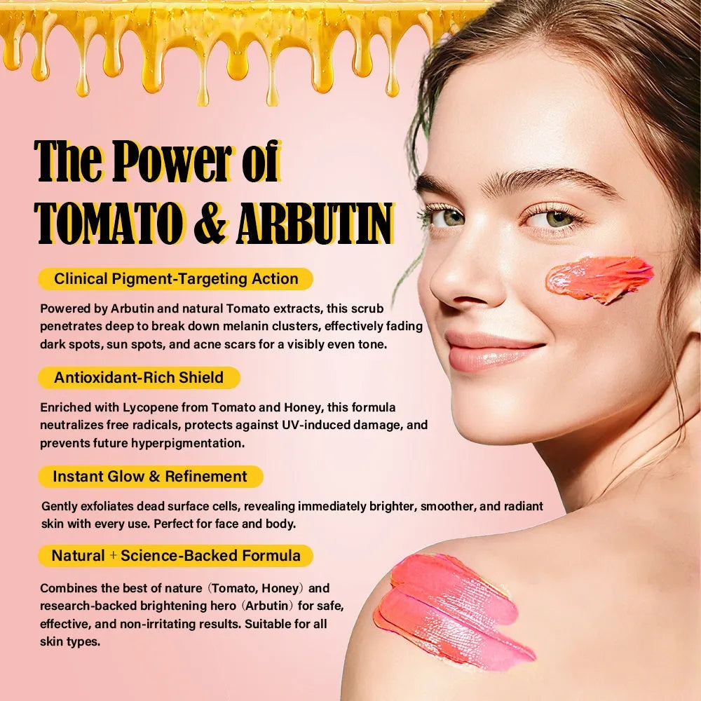 Tomato & Honey Arbutin Body Scrub 500ml jar for face and body brightening skincare