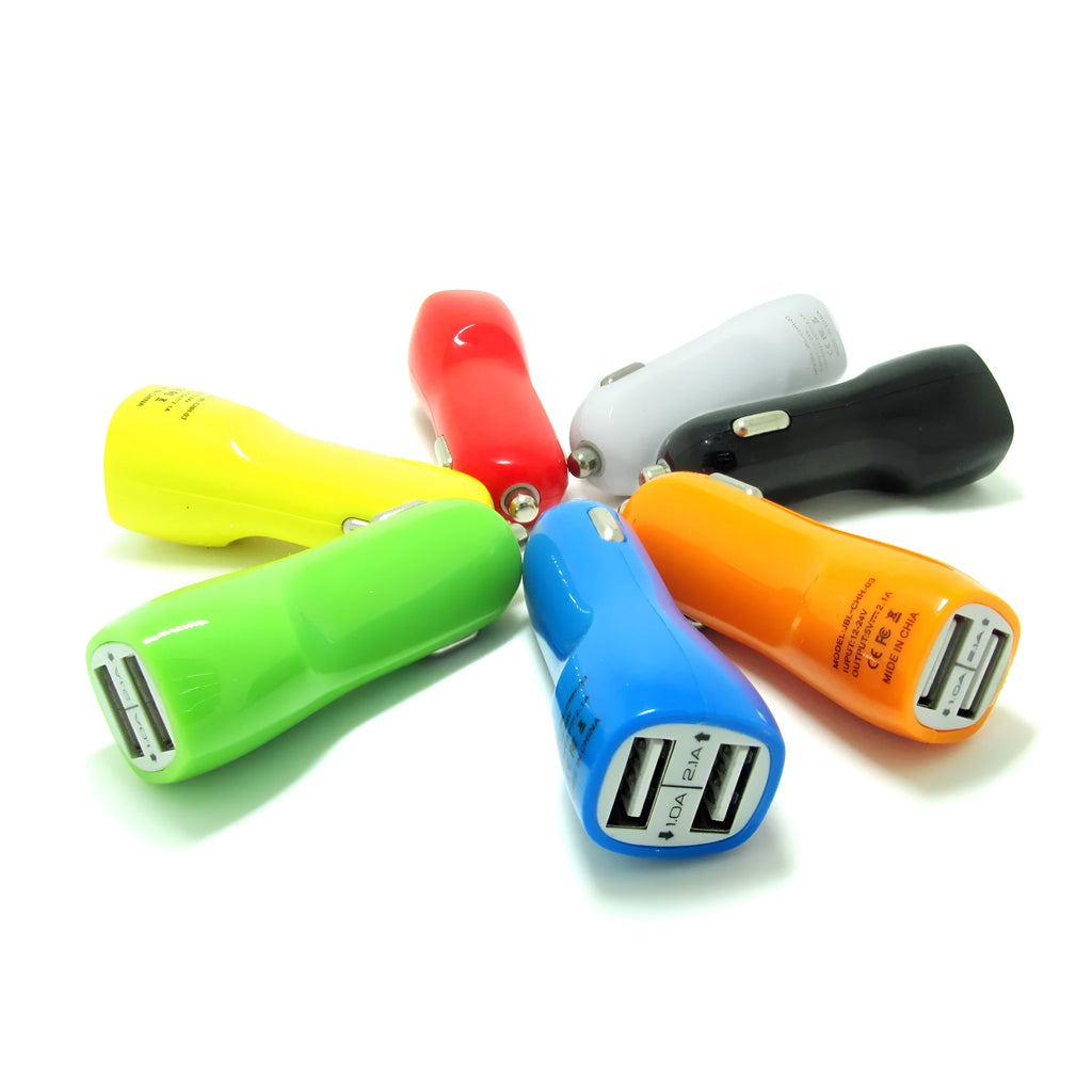 Duckbill car charger with dual USB ports and blue LED indicator light