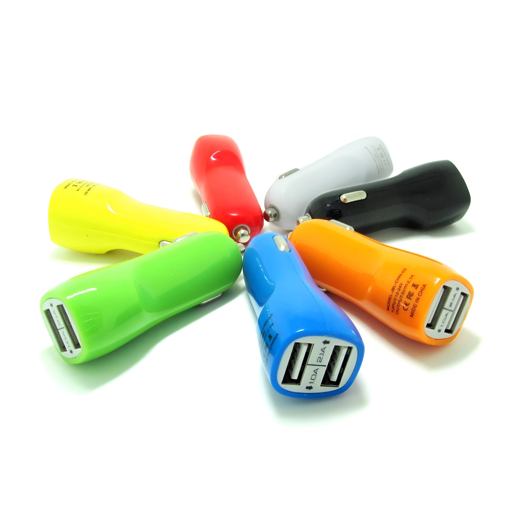Duckbill car charger with dual USB ports and blue LED indicator light