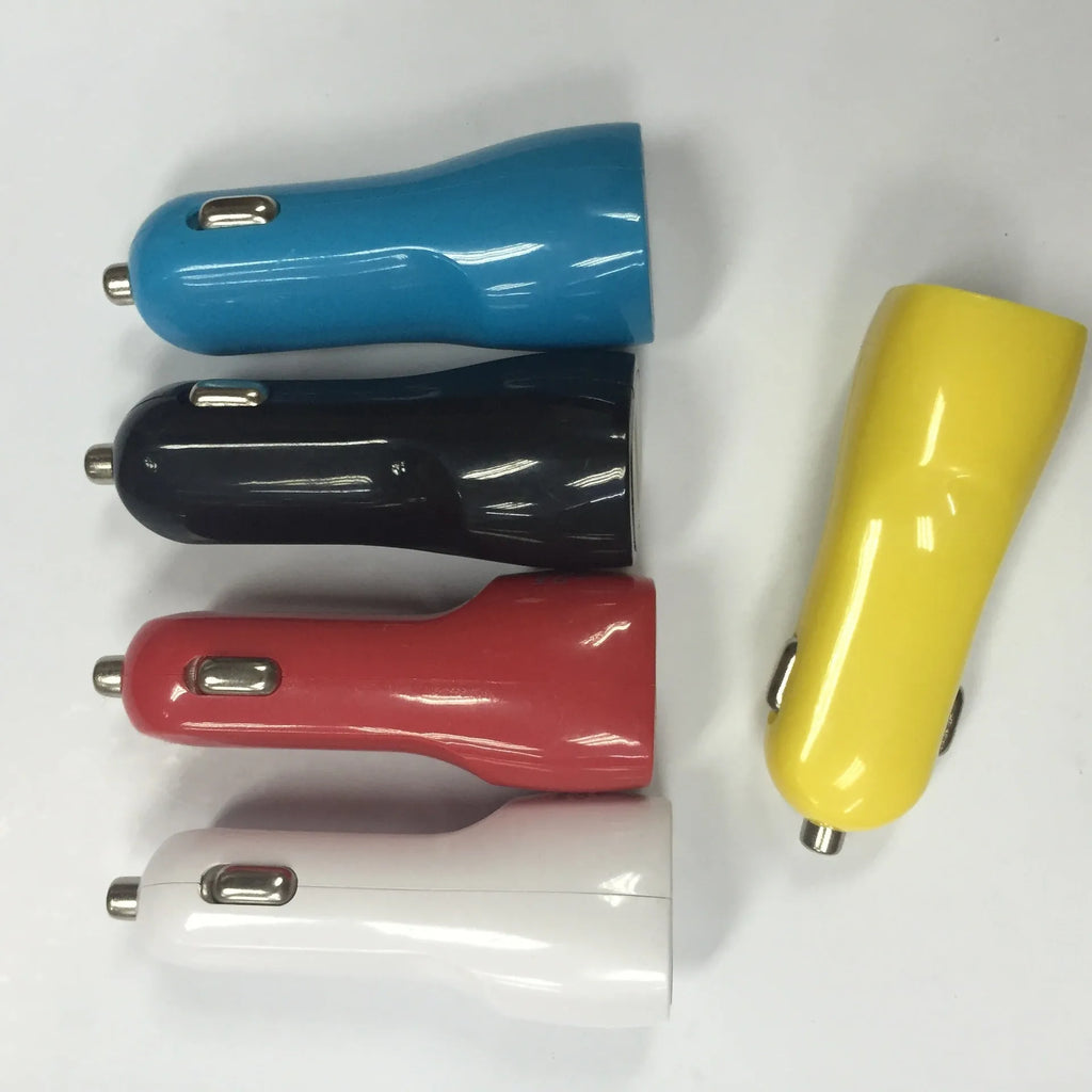Duckbill car charger with dual USB ports and blue LED indicator light