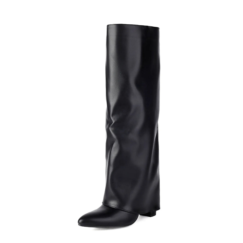 Women's plus size thick high heel ankle boots in black, pink, or white with a sock length design
