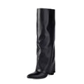 Women's plus size thick high heel ankle boots in black, pink, or white with a sock length design