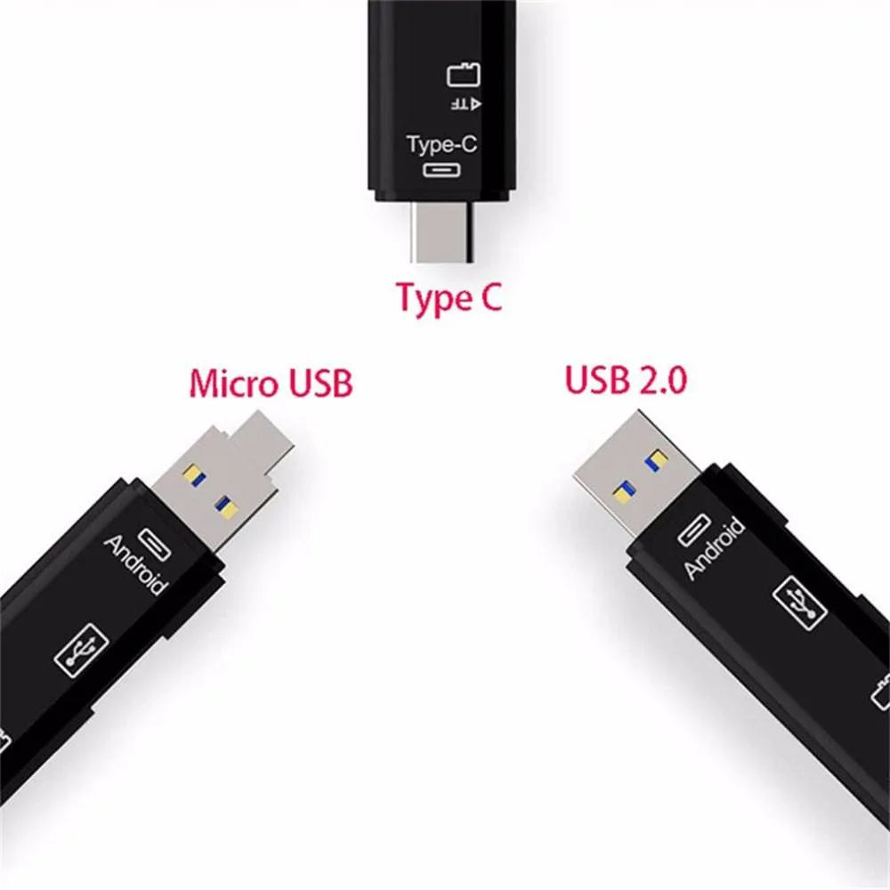 Black or white Type-C Micro USB OTG hub adapter with TF card reader showing USB ports