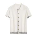 White short-sleeve cardigan with dark contrast colour lapels, buttoned front, and a relaxed fit.