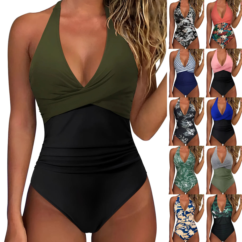 Women's multicolour backless lace-up high-waisted swimsuit on a model