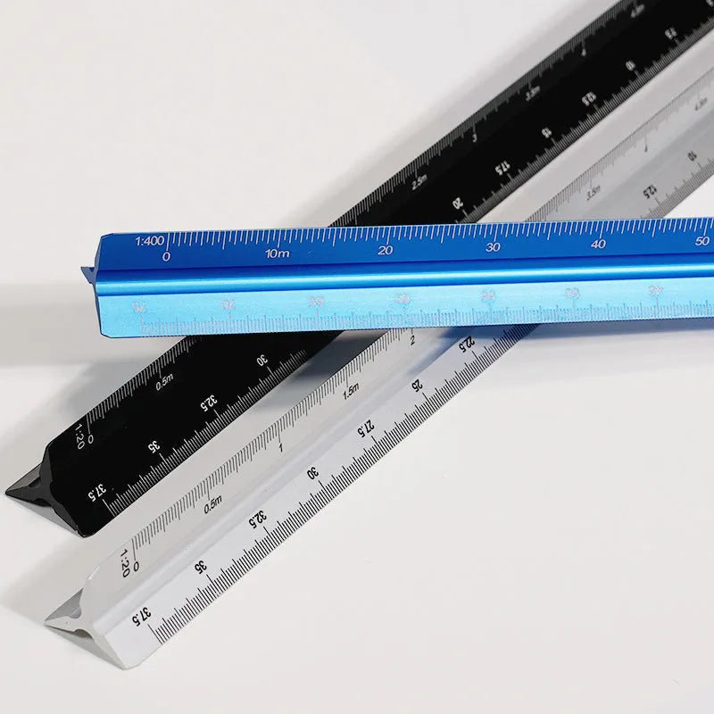 30cm triangular ruler in plastic and aluminium alloy, carbon black or prism blue scale tool