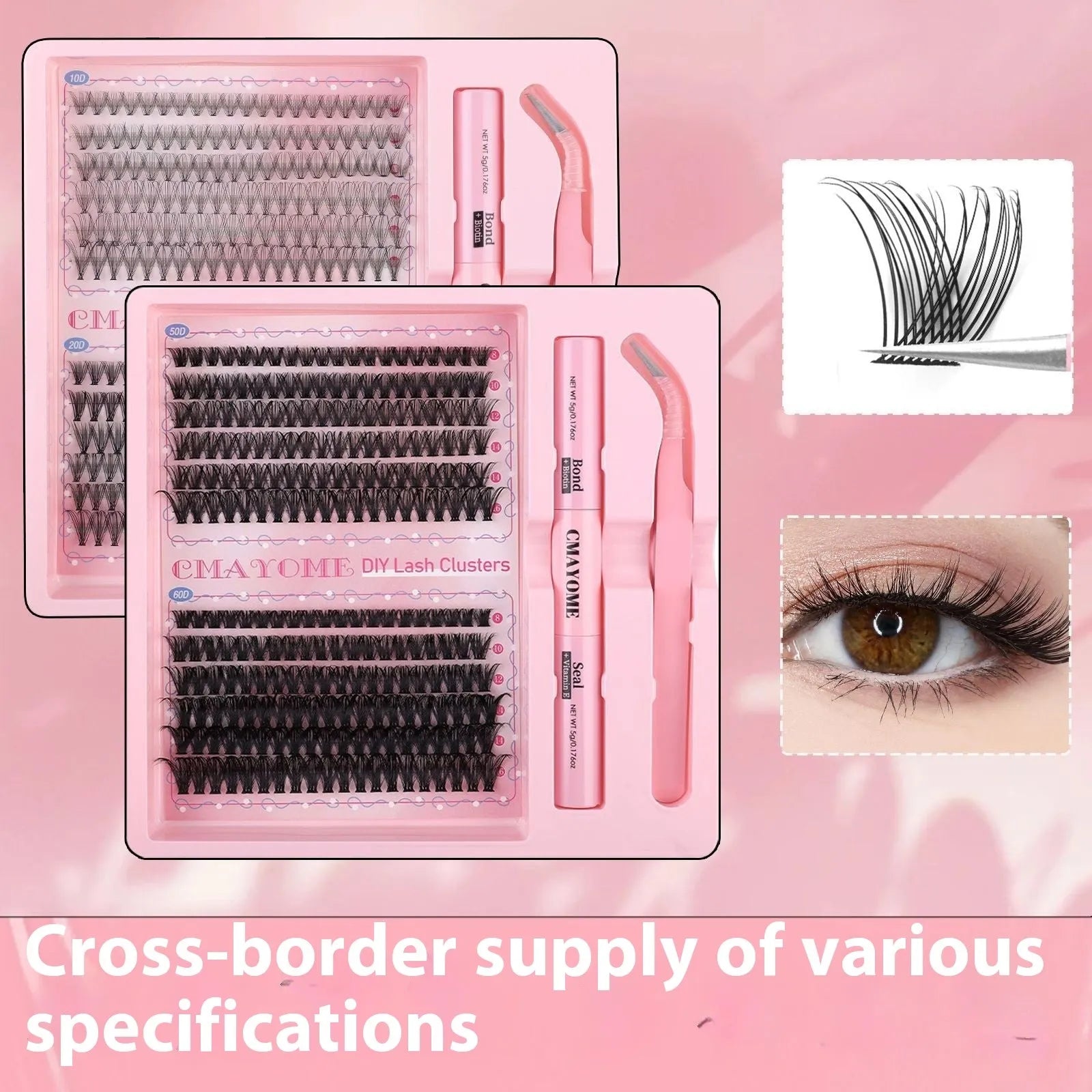 DIY single cluster individual false eyelashes set showing artificial fibre lashes for custom application