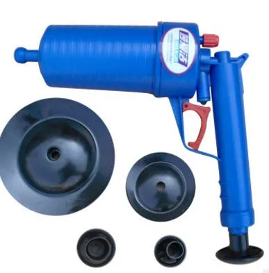 Plastic high-pressure drain blaster gun with four different size adaptor suckers for unblocking sinks and toilets.