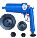Plastic high-pressure drain blaster gun with four different size adaptor suckers for unblocking sinks and toilets.