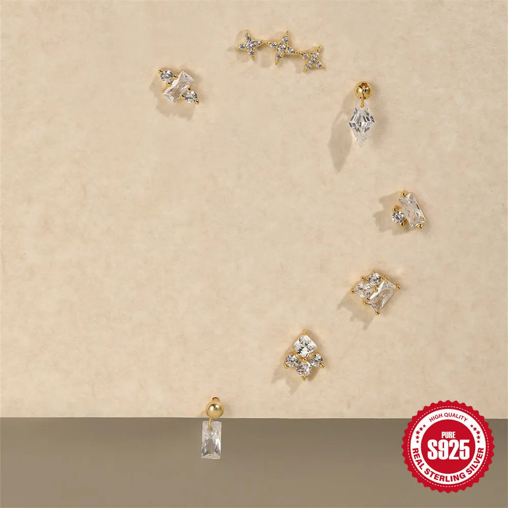 S925 sterling silver square gravel stud earrings with flower shape and red golden electroplated finish