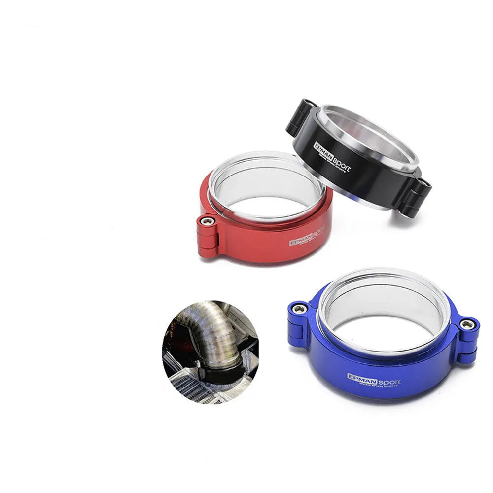 Aluminium alloy turbocharger exhaust downspout clamp in black, shown next to a 3-inch size marker.