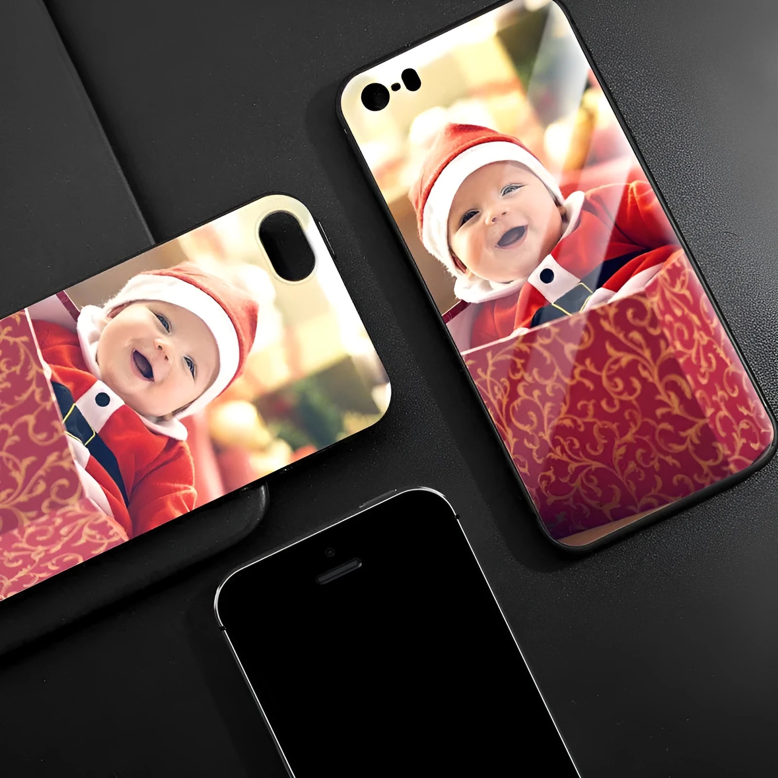 Patterned iPhone case with raised edges on a table next to an iPhone.