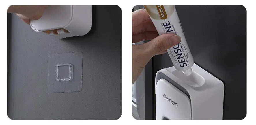 Automatic toothpaste dispenser in grey, blue, and pink colours on a bathroom countertop.