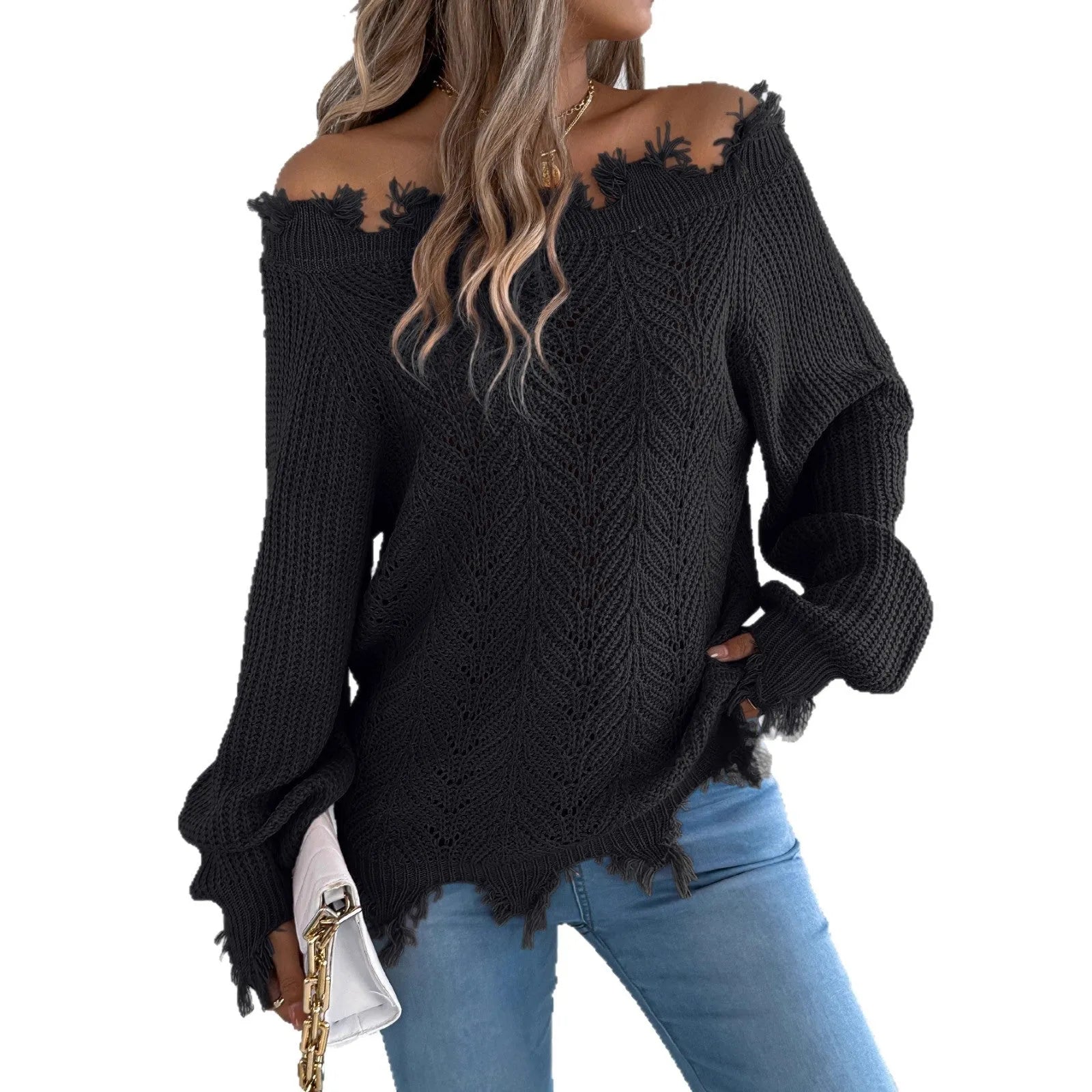Women's white cut-off-the-shoulder long sleeve pullover sweater with hollow-out detail on front.