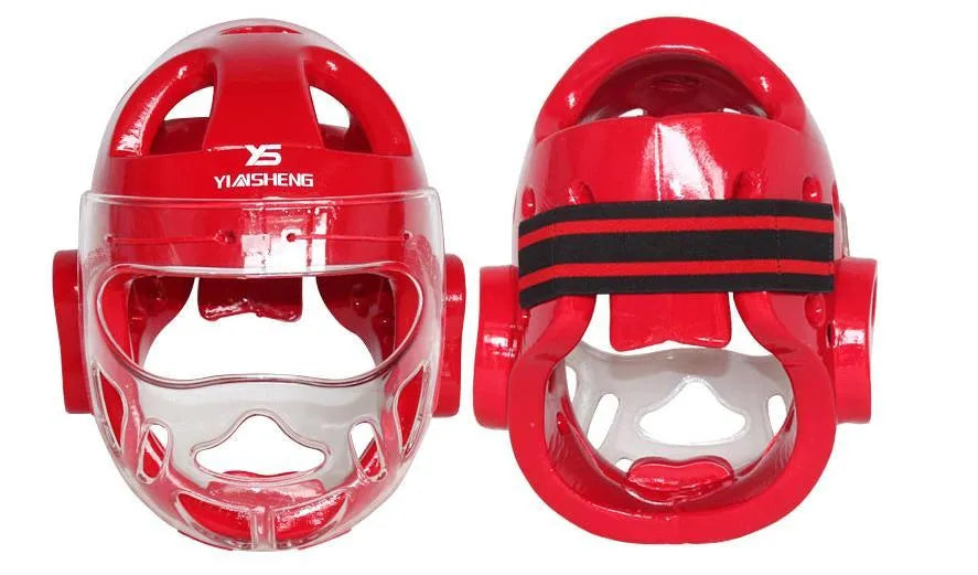 Karate helmet protective head equipment in white, blue, or red colours available in S, M, L, XL sizes