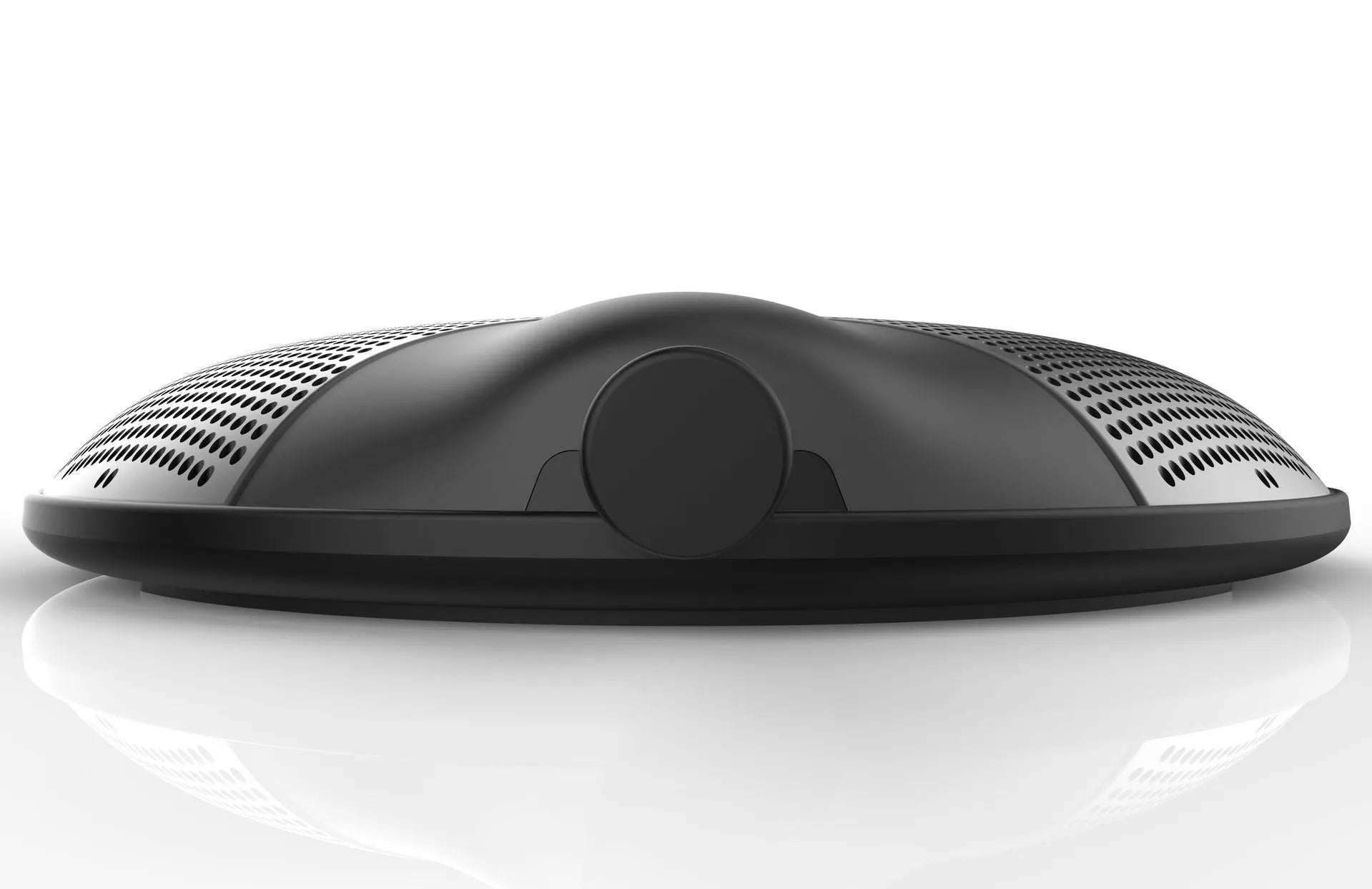 Black USB condenser microphone for conferences and gaming on a desk.