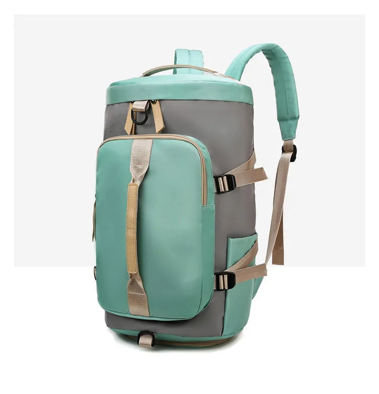 Waterproof nylon gym backpack showing shoe compartment, multiple pockets, and combination lock in blue colour