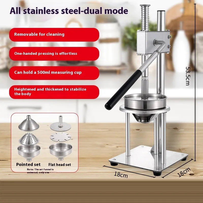Stainless steel manual orange juicer with quick disassembly mechanism on a commercial countertop