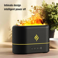 Black USB humidifier with seven-colour flame lighting effect on wooden surface