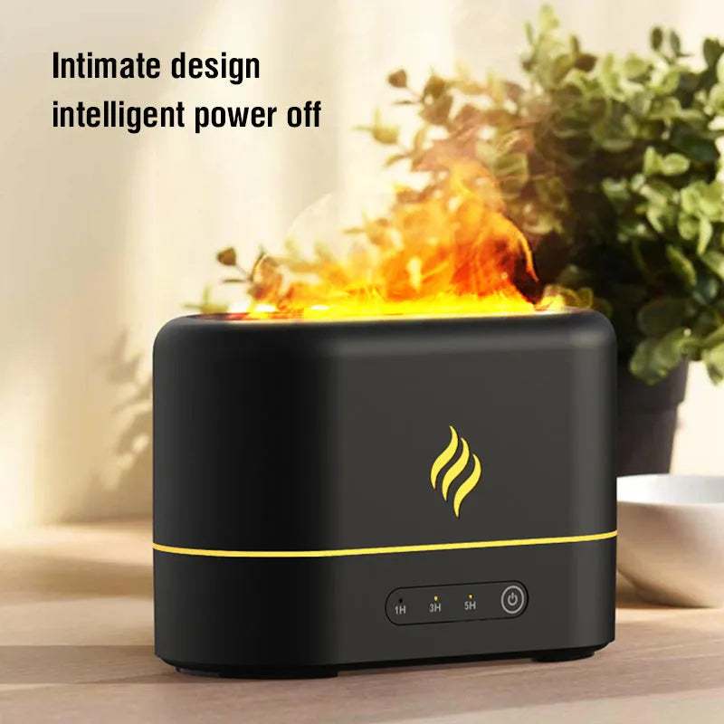 Black USB humidifier with seven-colour flame lighting effect on wooden surface