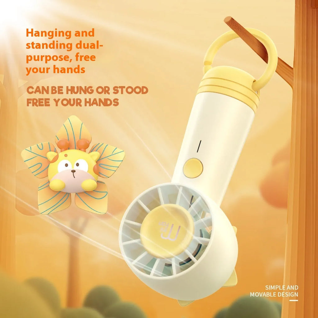 Portable creative cartoon handheld fan in plastic, 6x5.4x14.8cm, available in Green, Pink, and Yellow