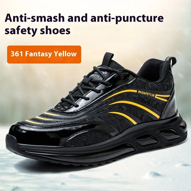Orange lightweight labour protection shoes with leather uppers and rubber anti-smashing soles
