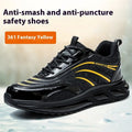 Orange lightweight labour protection shoes with leather uppers and rubber anti-smashing soles