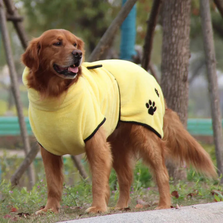 Yellow coral fleece pet embroidered bathrobe pajamas for dogs, size XS to 2XL, soft absorbent fabric