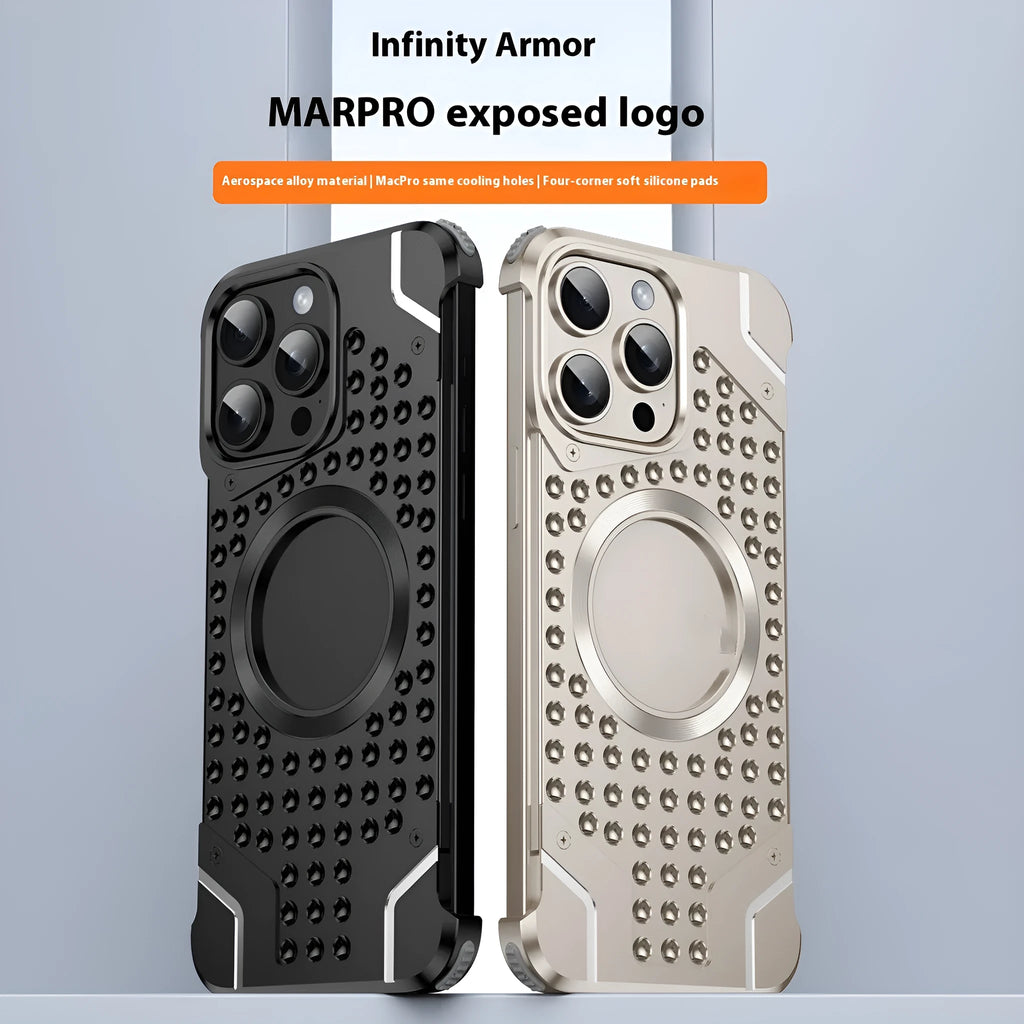 Hollow magnetic suction alloy phone case for iPhone in black, silver, gray, purple, and blue