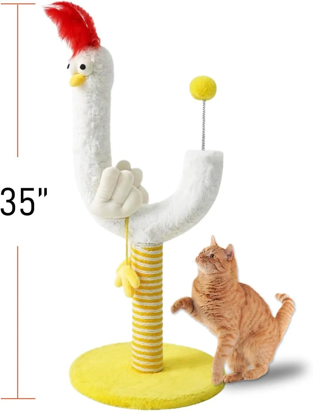Vertical sisal cat scratching post with chicken strip design and spring ball, 35x35x88cm dimensions