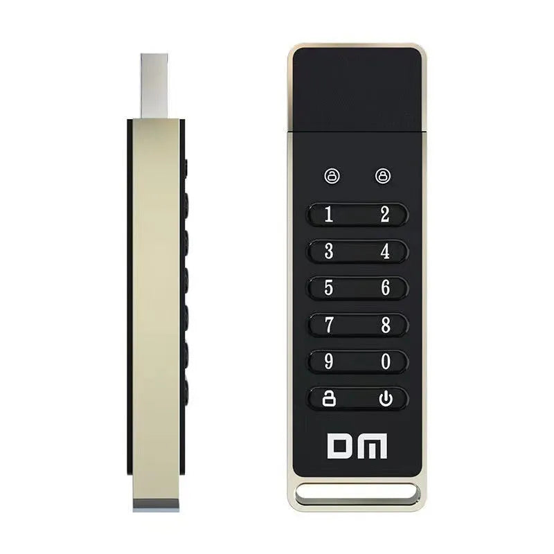 64GB metal USB flash drive with fingerprint scanner and encryption button.