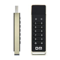 64GB metal USB flash drive with fingerprint scanner and encryption button.
