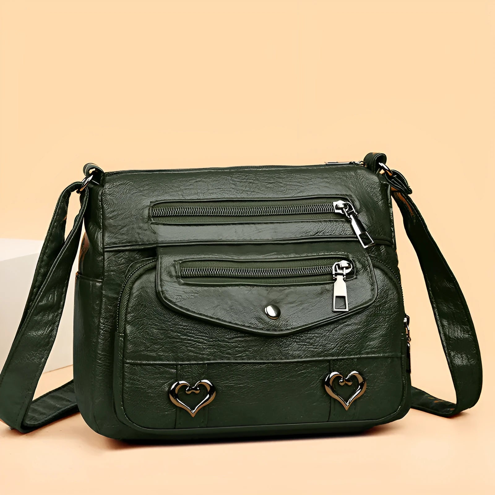 Soft PU crossbody shoulder bag with multi-pocket design in urban simplicity style, available in brown colour