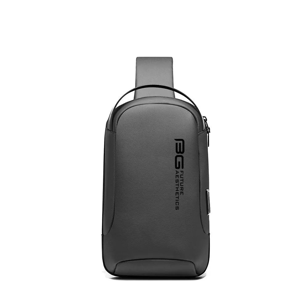 Men's blue Oxford cloth shoulder bag with a USB charging port on the front.
