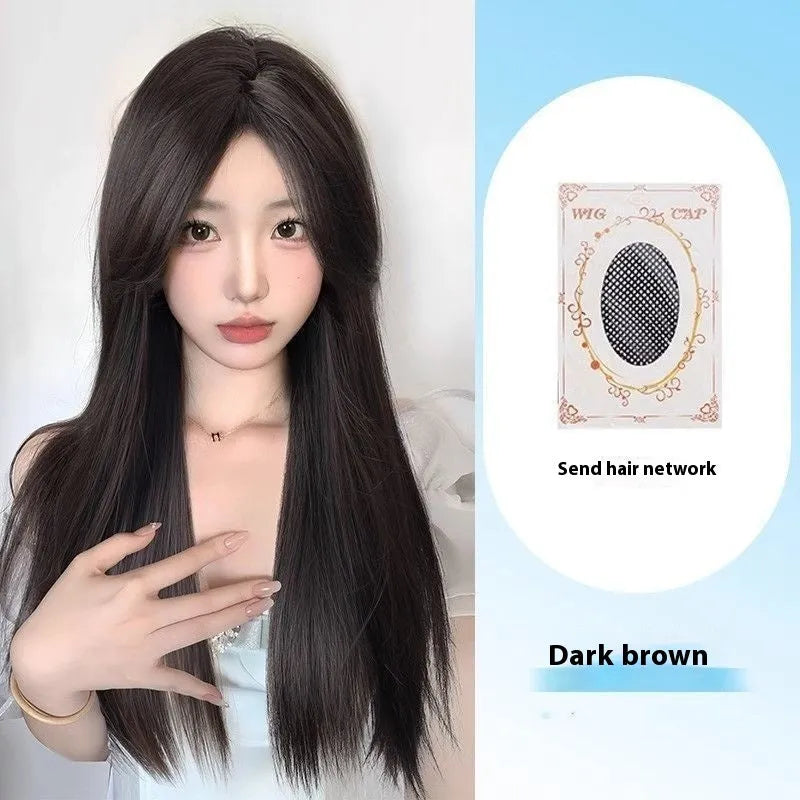 Forehead lace long straight synthetic wig with side bangs in dark brown colour