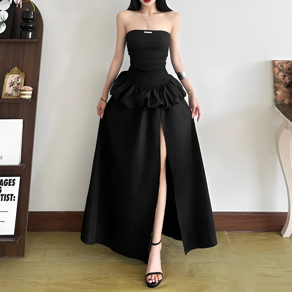 New women's solid colour black high waist off-neck split dress with A-line silhouette
