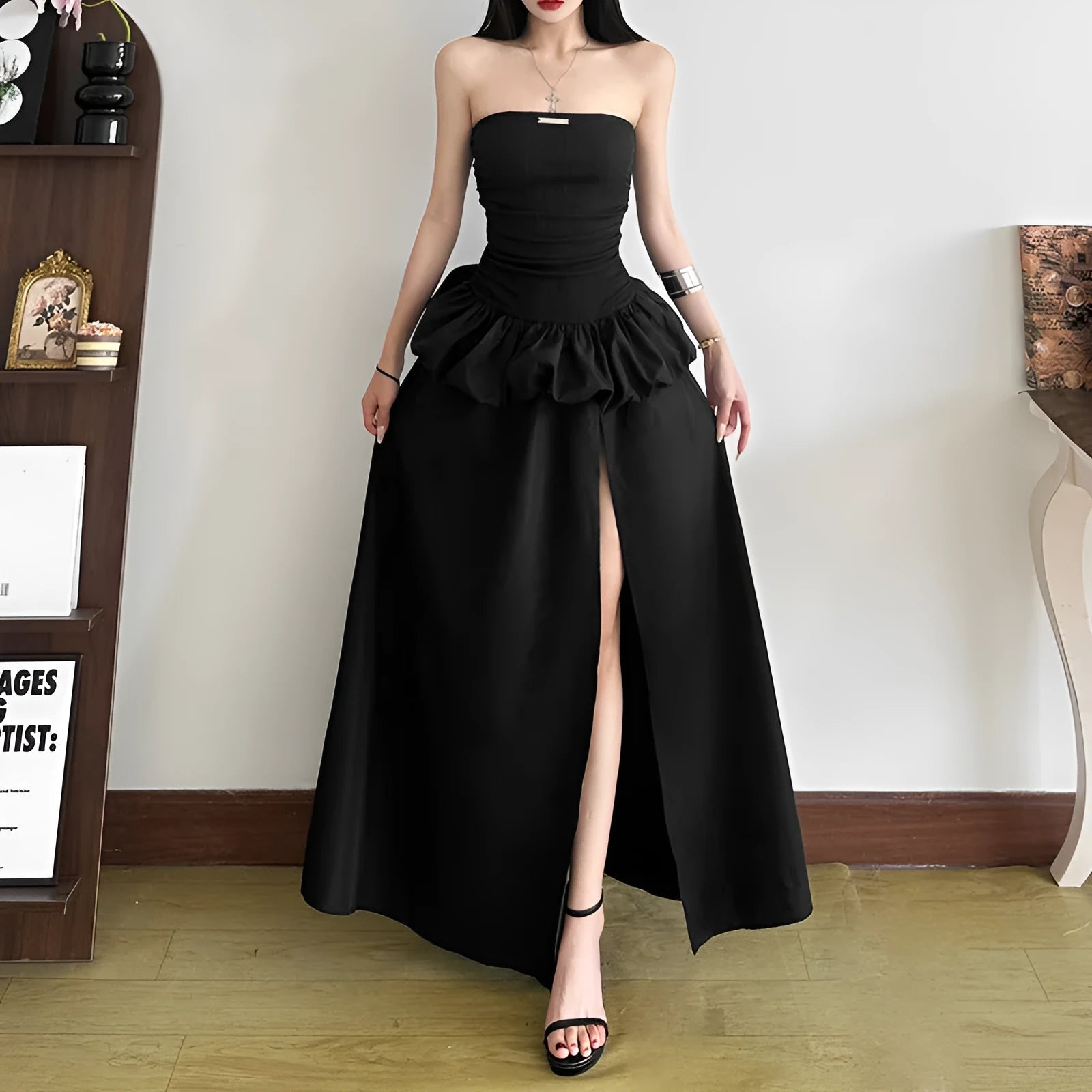 New women's solid colour black high waist off-neck split dress with A-line silhouette