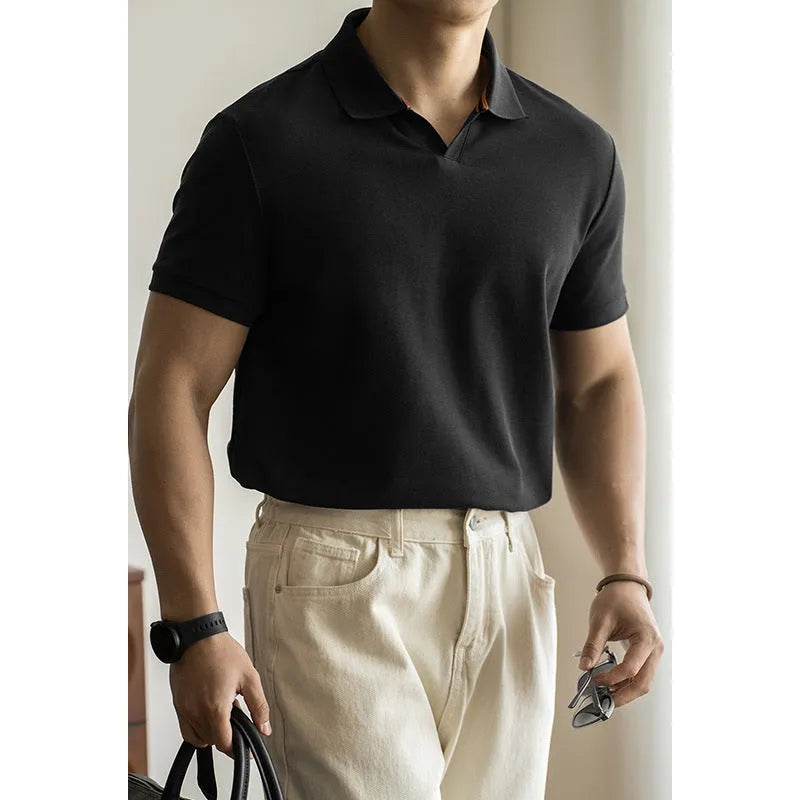Cotton polyester American-style polo shirt in blue colour with short sleeves and regular fit