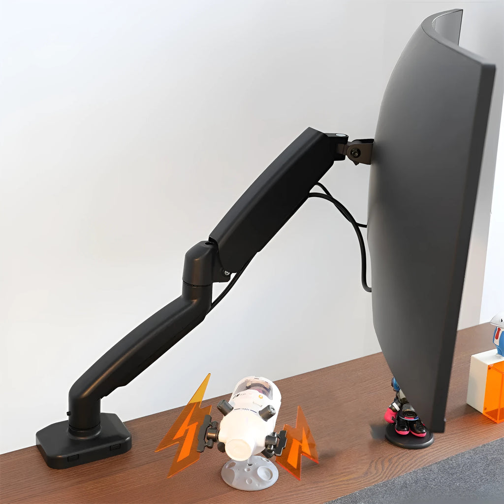 Black table-style LCD screen bracket showing height adjustment and rotation features for monitor mounting